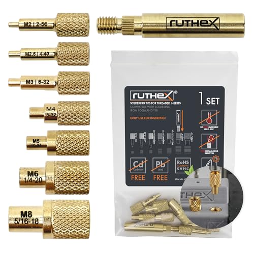ruthex 7x Lötspitzen/Einschmelzhilfe Set - Lötkolbenspitzen für ruthex Gewindeeinsätze M2 / M2.5 / M3 / M4 / M5 / M6 / M8 - #2-56/ #4-40/ #6-32/ #8-32/ #10-24/1/4 mit Lötkolben Adapter 900M/T18