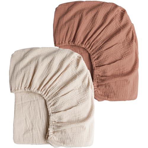 Image of Konssy Muslin Crib Sheets for Girl Boy, 2 PCS Soft and Breathable Cotton Baby Sheets for Standard Crib Mattress, 52"x 28" (Chestnut, Cream)