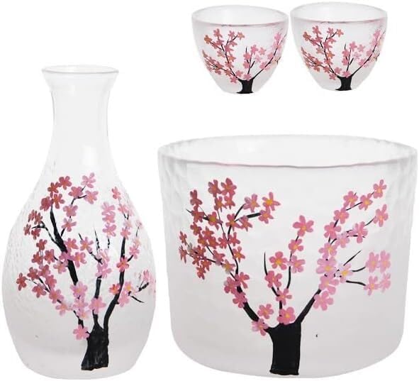 Color Painted Glass Sake Set 4 Pieces,Handcraft Pink Cherry Blossoms Design, 1 Sake Bottle, 1 Sake Tank and 2 Sake Cups, Cold/Warm/Hot Sake Carafe