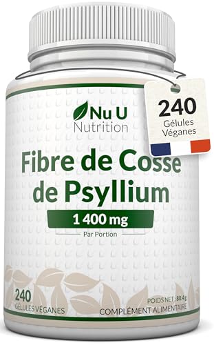 Psyllium Blonde 1400mg par Portion - 240 Gélules Véganes - Fibre Prébiotique Soluble Naturelle Provenant des Graines de Cosse de Plantago Ovata - Fabriqué en Europe – Nu U Nutrition