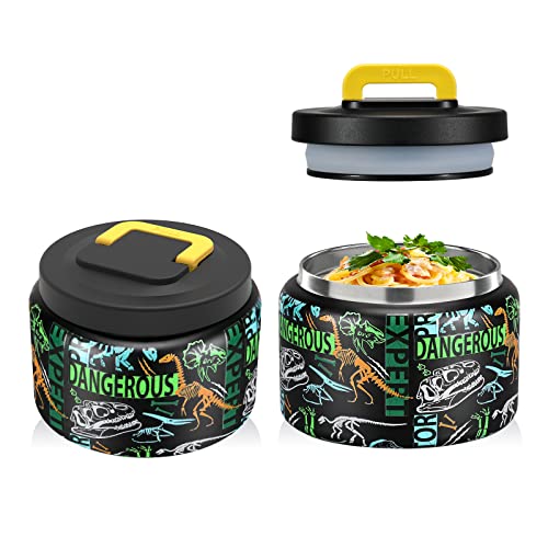 Image of JXXM 8 Oz Thermo Food Jar for Hot & Cold Food for Kids, Insulated Lunch Containers Hot Food Jar,Leak-Proof Vacuum Stainless Steel Wide Mouth Lunch Soup Thermo for School (Black-Dinosaur Fossils)