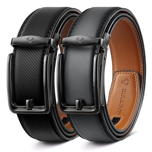 Image of BULLIANT Men Ratchet Belt 2 Pack, Click Sliding Leather Belt Adjustable for Gift Men Dress Casual Jeans 1 3 /8,Cut for Fit