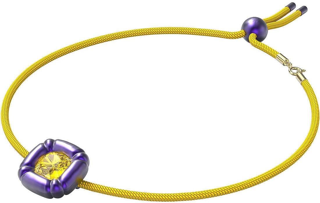 Swarovski Dulcis Necklace with Yellow Crystal in Purple Molded Setting on a Yellow Braided Cord, Part of the Dulcis Collection