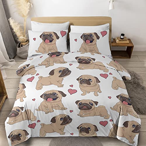 Sleepwish Pug Bedding Set Duvet Cover Twin Cartoon Dogs Cute Animal Bedding Sets For Girls Boys Comforter Cover Set With Love Pink Hearts Bedding Puppy Dog Lover Gifts #TOP11