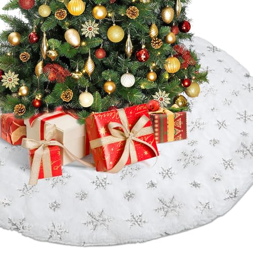 Gonna per Alberi di Natale Bianco,Copri Albero di Natale Base per Albero di Decorazione, Peluche Tappeto Copertura Base Albero Natale, Christmas Tree Skirt, Diametro 120 cm, Fiocco di neve d'argento