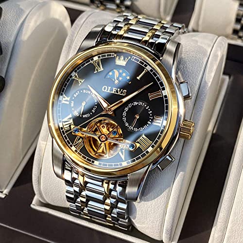 Image of OLEVS Self Winding Watches for Men Automatic Mechanical Skeleton Luxury Dress Waterproof Moon Phase Tourbillon Chronograph Stainless Steel Luminous Wristwatch