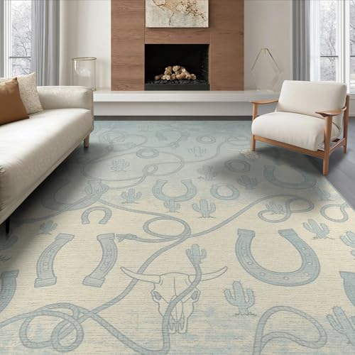 ODIKA 8'x10' Washable Southwestern Skull Area Rug, Teal Foldable Oversized Carpet Non-Slip Flatwoven Floor Covering for Living Room, Under Sectional, Family Room | Ref:2017078