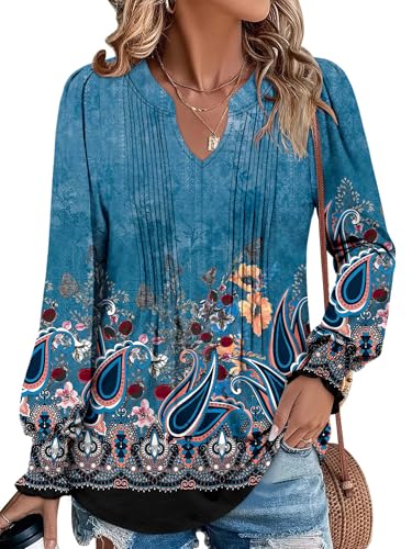 BETTE BOUTIK Long Sleeve Shirts for Women Fall Tops Dressy Blouses Pleated V Neck Tunic Tops for Leggings S-3XL