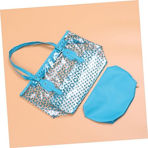 Beaupretty PVC Beach Bag for Women Round Dots Pattern Tote Sandproof Fashion Handbag Lightweight and Stylish Blue Summer Tote for Beach and Casual Use4