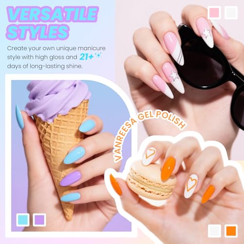 VANREESA 24 Pcs Pastel Gel Nail Polish Set, 21 Colors Spring & Summer Gel Polish with Base Coat Glossy & Matte Top Coat Yellow Green Blue Pink Purple Orange Gel Polish Kit Nail Kit Gifts for Women - Image 4
