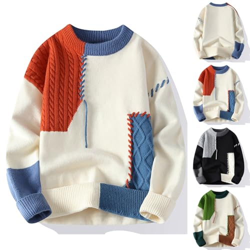 Cambkatl Men's Stylish Patchwork Sweaters Loose Fit Crewneck Color Block Cable Knit Pullovers Long Sleeve Jumper Tops2