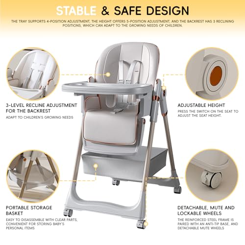 Image of Foldable Baby High Chair with 150 Swing & Recline,Convertible High Chairs for Babies and Toddlers,5 Height Levels,3 Backrest & Footrest Positions,Removable Double Tray,Lockable Wheels (White 1)