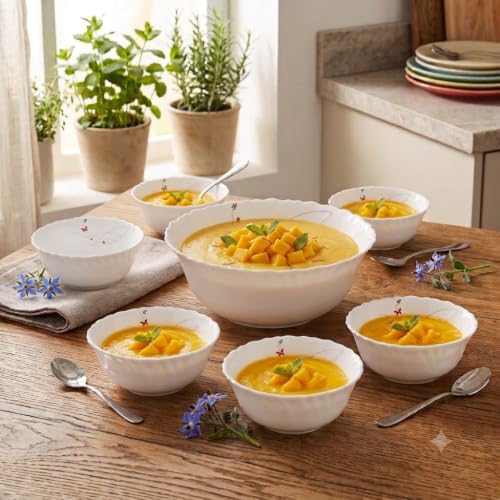 Image of Cello Lush Fiesta Dazzle Series Opalware Pudding Bowls Set of 7 Pieces White | 6 x 180ml Veg Bowls, 1 x 790ml Serving Bowl, Leadfree Microwave Safe Opal Glass Bowls Crockery Set for Dining & Gifting