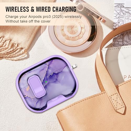 Image of Compatible Airpods Pro 3 Case (2025) with Phone Stand & Cleaner Kit,Print Soft Silicone Lock Clip Apple AirPods Pro 3rd Generation Case, Airpod Pro 3 Cover with Keychain for Women /Girls,Purple Marble