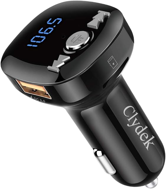 Bluetooth FM Transmitter, Clydek V5.0 Bluetooth Car Radio Adapter with Hand-Free Calling, Dual USB & QC3.0 Fast Charging, Music Player Support USB Drive & TF Card