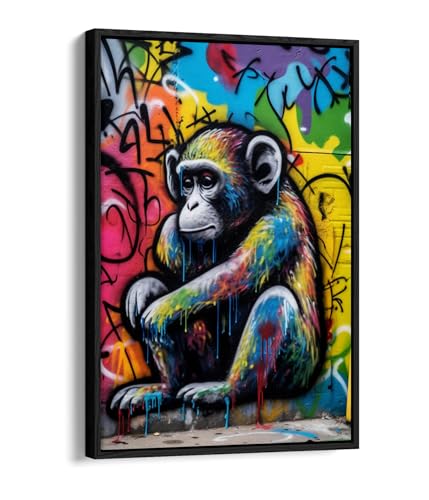 Toile graffiti singe Banksy avec cadre noir 50,8x76,2 cm pour salon