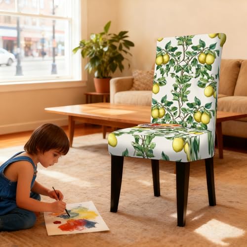 Image of Nuxovilar 6PCS Lemon Tree Yellow Green Leaf Stretch Chair Covers | Stretch Slipcover Furniture Protector Lemon Wrap Seat Guard Dining Room Kitchen Garden Cafe (Lemon Tree Pattern)