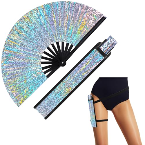 Image of FairySandy Large Rave Fan UV Glow Clack Summer Hand Fan with Thigh Holster for Women Carnival Party Supplies for Carnival Edm Music Festival Club Accessories(Silvery Ripple,Siver)