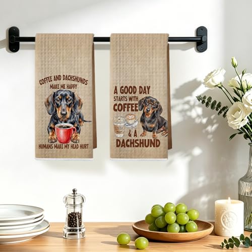 Image of 2 Pcs Funny Dachshund Kitchen Towels 24x14 Inch, Coffee Dachshund Gifts Reusable Dish Towels for Kitchen Decor, Waffle Weave Absorbent Tea Towel, Cute Weiner Dog Gifts for Women Mom Friend