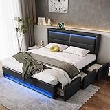 TIMEFLIE Polsterbett160 x200 cm,hydraulisches Bett mit USB-Anschluss(unterstützt kabelloses und kabelgebundenes Laden),mit LED-Beleuchtung und 3 Schubladen,ohne Matratze (Black + PU + 160cm*200cm)