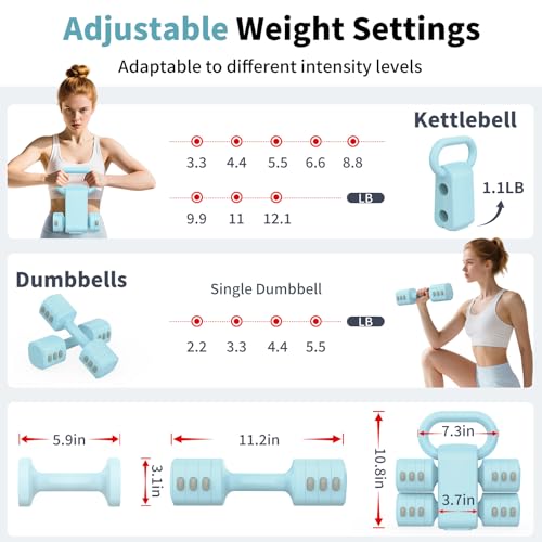 Image of Hezeyferg 2-in-1 Adjustable Dumbbells Set, 4 Levels Weight Dumbbells Set for Women Men, Each 2.2 /3.3 /4.4 /5.5lb Hand Weights with Kettlebell Form for Home Gym Exercise Training