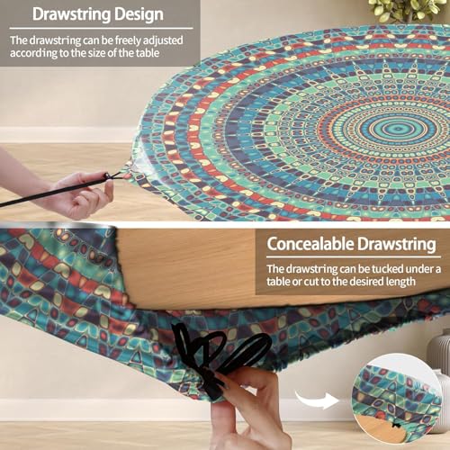 Waterproof Boho Vinyl Round Tablecloth Fitted Table Cloth Summer Fall Outdoor Circle Cover for 45-54" Tables Dining Kitchen Apartment Essentials Picnic Camping Party Decor Housewarming Gifts