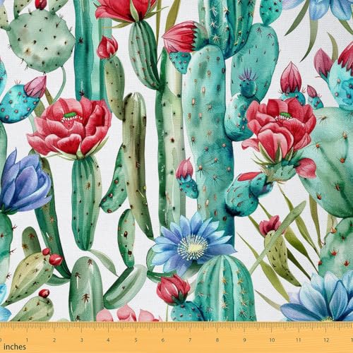 Green Cactus Fabric by The Yard,Watercolor Flowers Ink Painting Soft Polyester Fabric,Tropical Desert Plantative Fabric for Sewing Patchwork Clothing,1 Yard Pre-Cut,36" L x 59" W,No Stretch