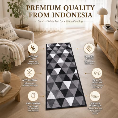 Image of Matz&More Anti Slip Runner Floormat, 50x120cm, Carpet for Bathroom, Bedside, Hallway, Living Room Dining Room, Geometric Grey Black