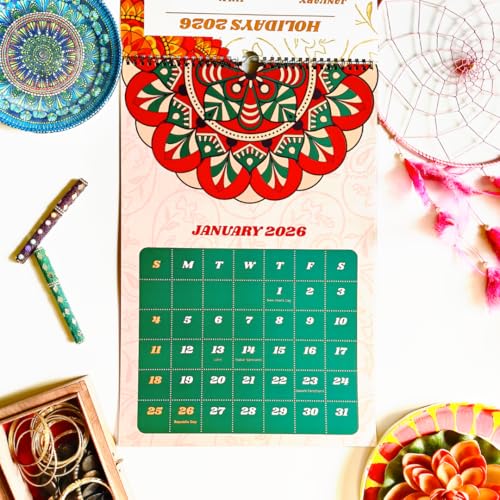 Image of 12 inchx9 inch Mandala Wall Calendar 2026 | Traditional Indian Art | Bold Dates | Wiro-Bound | Matte Laminated | Indian Holidays Marked