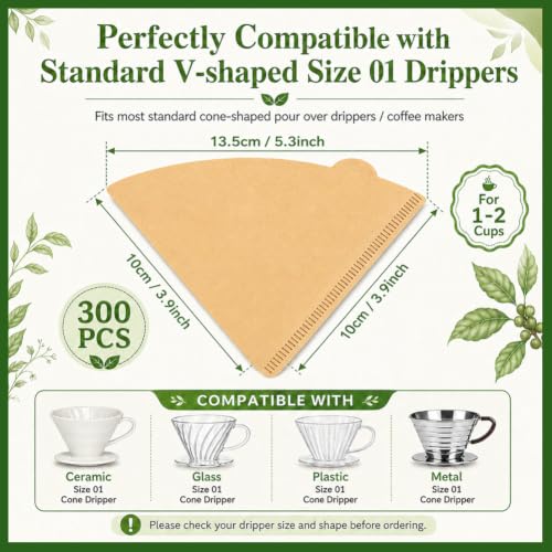 Image of BYKITCHEN 300 Count Small Cone Coffee Filters Size 1, Unbleached, 1-2 Cup