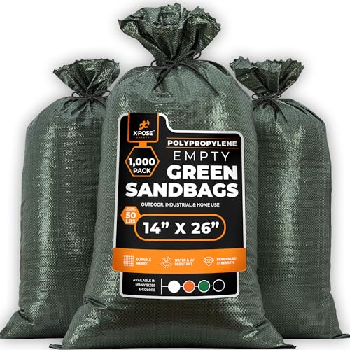 Image of Xpose Safety Heavy Duty Sand Bags with Tie Strings - Empty Woven Polypropylene Sandbags for Hurricane Flood Protection, 50 lb Capacity, 14 inch x 26 inch, Green, Pack of 1000