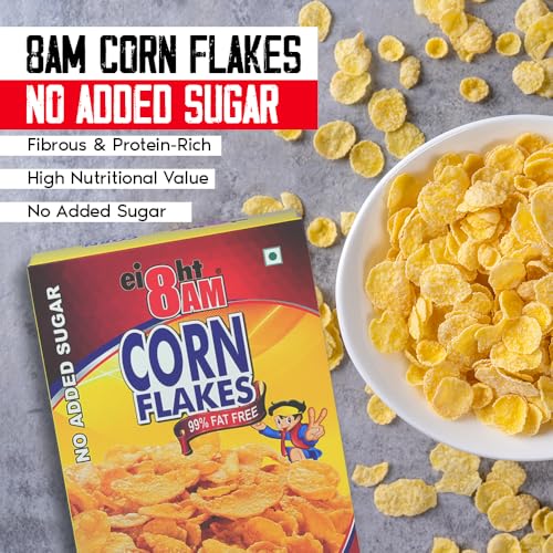Image of 8AM Corn Flakes 500 Gram (Pack Of 2), No Added Sugar, 97% Corn, 99% Fat Free, No Cholesterol, Trans Fat, Artificial Additives, Vitamins B1, B2, B3, B6, B9, Iron, Calcium, Breakfast Cereal