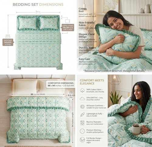 Image of SANMARINO Premium Cotton Double Bed 4 Piece Bedding Set with Frill Border | Comforter with Matching Bedsheet and Pillow | Ultra Soft & Lightweight Quilted Comforter Set |228x228 cm,Mint Meadow Green