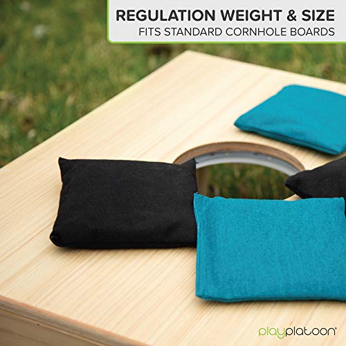 Play Platoon Weather Resistant Cornhole Bags - Set Of 8 Regulation Corn Hole Bean Bags - Teal & Black - Durable Duck Cloth Corn Hole Bags For Tossing Game, Includes Tote Bag #TOP2
