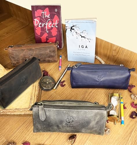Image of Rustic Town Leather Pencil Case - Full Grain Leather Zippered Pen Pouch - Stationery Bag Pen Holder for Work & Office