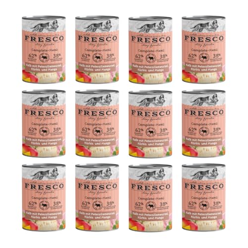 Fresco Complete-Menü Kalb mit Petersilienwurzel, Mango & Johannisbeere | 12er Pack | 12 x 400 g | Nassbarf für Hunde | Wichtige Proteine & Eiweiß | Aus reinem Muskelfleisch