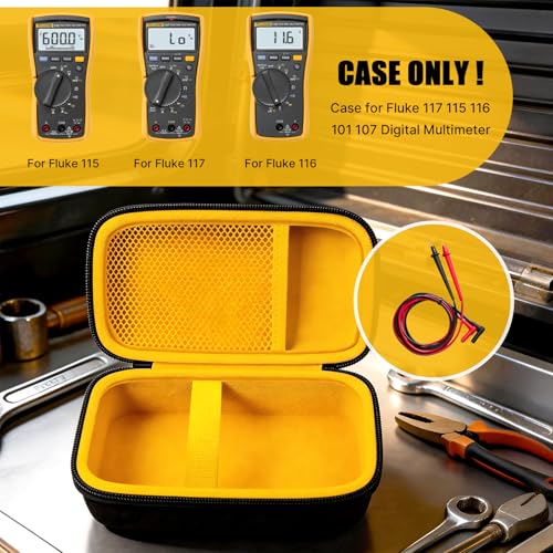 Image of COMECASE Hard Multimeter Case Compatible with Fluke 117 /115 /116 | Hard Storage, Mesh Pocket for Test Leads, Handle, for Fluke 101 107, Electricians and Travel, Yellow Interior, Case Only