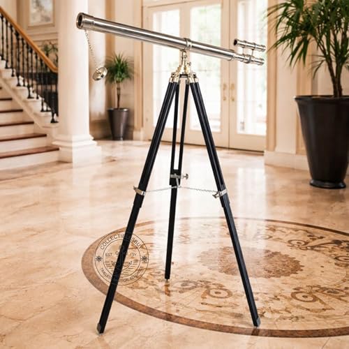 Image of Nautical Floor Telescope Vintage Marine Ship Telescope Office Decor Collectible Home Decor Furniture Wooden Tripod Black Silver Zoom Working scopes