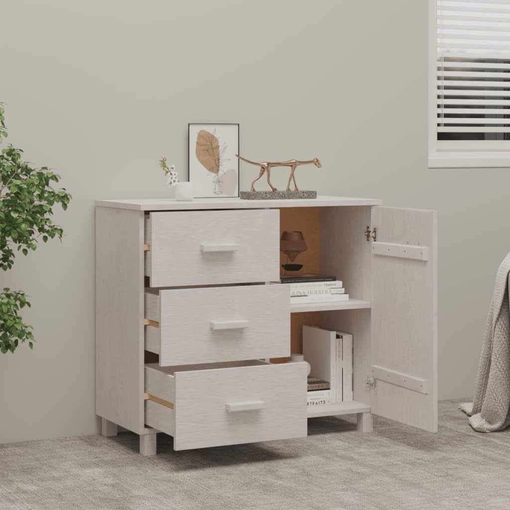 Kredens biały z litego drewna sosnowego, 90 x 40 x 80 cm, z drzwiami i 3 szufladami, schowek do salonu, korytarza, sypialni, praktyczna komoda z drewnianymi uchwytami i półką