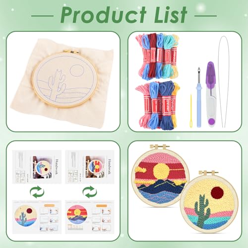 Image of ERKOON Punch Needle Kit Adults Beginners, 2 Pcs DIY Easy Landscape Embroidery Set for Starter Art Craft, Needling Punching Project with Patterns, Tools, Yarns, Hoop, Instruction (Desert & Afterglow)