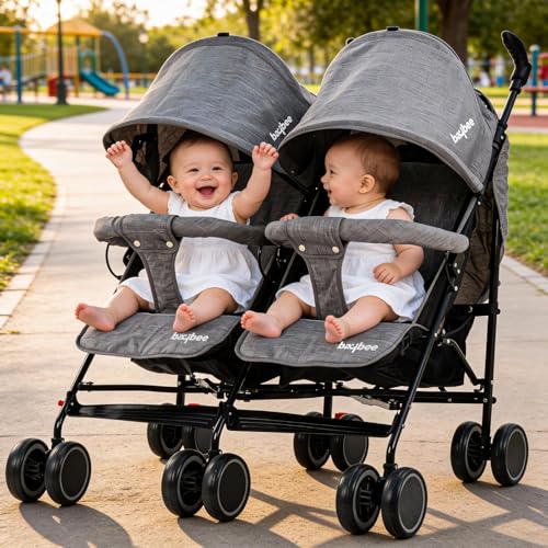 Image of Baybee 2-in-1 Twin Baby Stroller for 0-3 Years | Lightweight Foldable Pram for 0 to 5 Years | Adjustable Canopy, Safety Guardrail, Wheel Lock & Parental Handle | Baby Stroller for Boys & Girls (Grey)