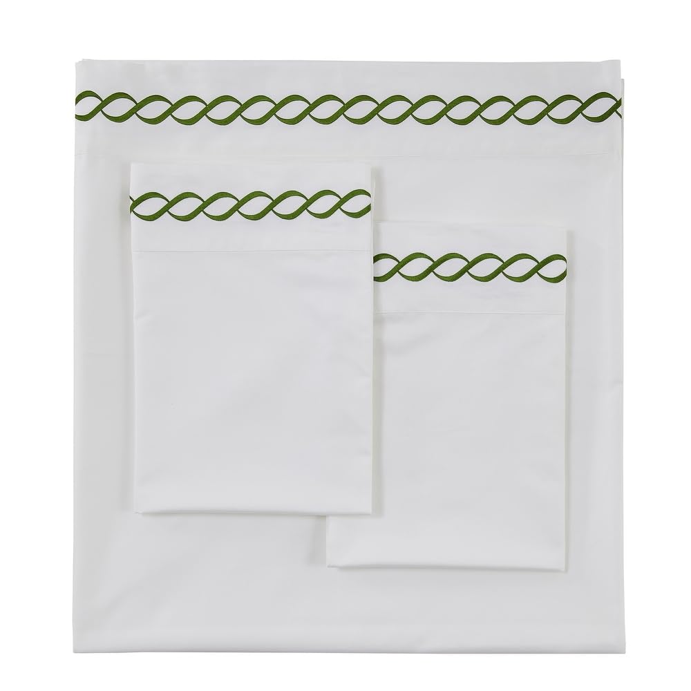 TRP 4 Piece Silky Soft Plush Designer Cotton Bed Sheets Queen Size Intricated Dark Green Rope Embroidery Ivory