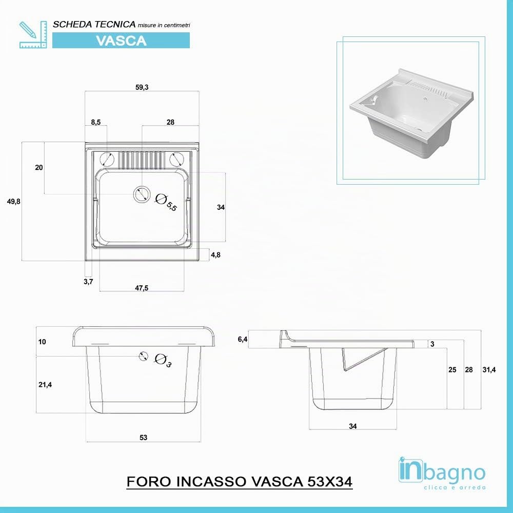 Inbagno Lavatoio con Mobile 60x50, Vasca in Resina, già Montato Completo di ASSE strofinatoio e Kit Scarico