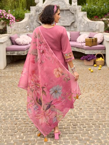 Image of INDO ERA Women's Anarkali Pure Cotton Floral Printed Embroidered Kurta & Pant with Dupatta Set (IEOUT10688)