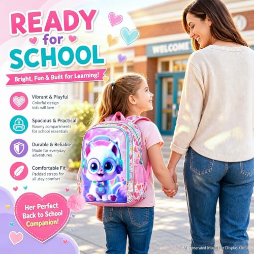 Image of AGSDON 3PCS Backpack for Girls, 16 inch Little Kids Cat Preschool Bookbag, Elementary Backpacks and Lunch Box - Purple