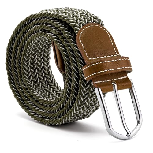 Cinturón trenzado, Cinturón de tela, Cinturón elástico trenzado, Cinturón Ajustable, Ajuste flexible, Blanco y Verde, Longitud 110 cm