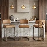 26' H Counter Height Bar Stools Set of 3, Modern Faux Leather Upholstered Barstools with Backrest for Kitchen Island, Gold Metal Frames, Brown
