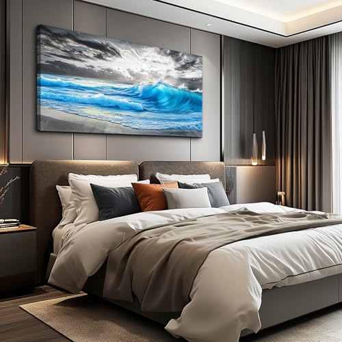 PHAOHUAXM Large Canvas Beach Wall Pictures Artworks Wall Decor For Living Room Canvas Wall Art For Bedroom Office Decorations Blue Sea Wave Ocean Paintings Modern Inspiration Home Decor 30x60 In