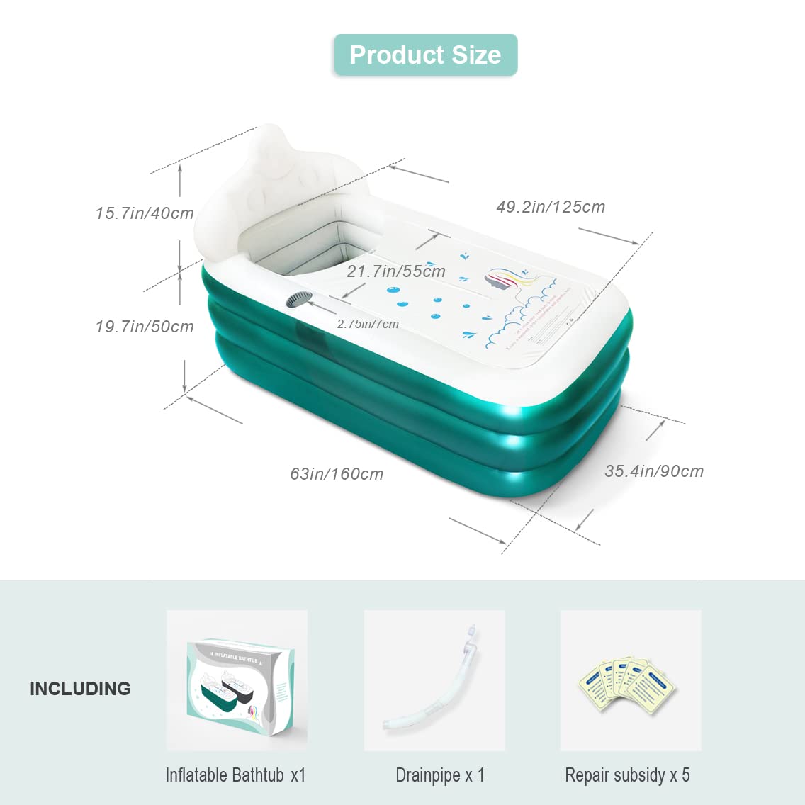 Inflatable Free Standing Bathtub, Portable Family SPA Bath Tub with Cup Holder and Headrest Pillow, Ideal for Hot bath ice bath (Green)