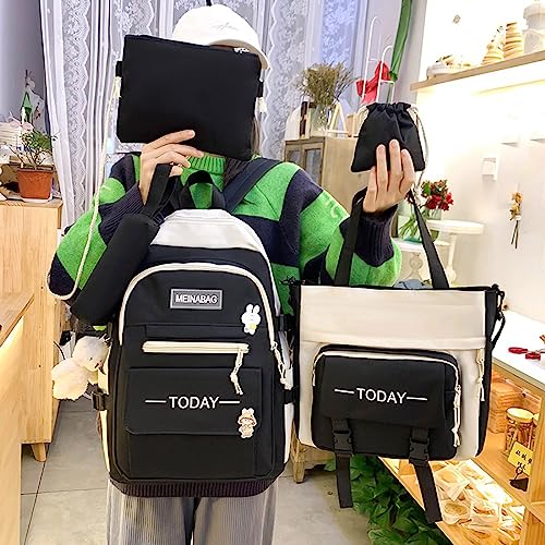 5Pcs Kawaii Backpack Cute Backpack for School Aesthetic Backpack Kawaii School Supplies Backpack Set with Accessories (Black)2